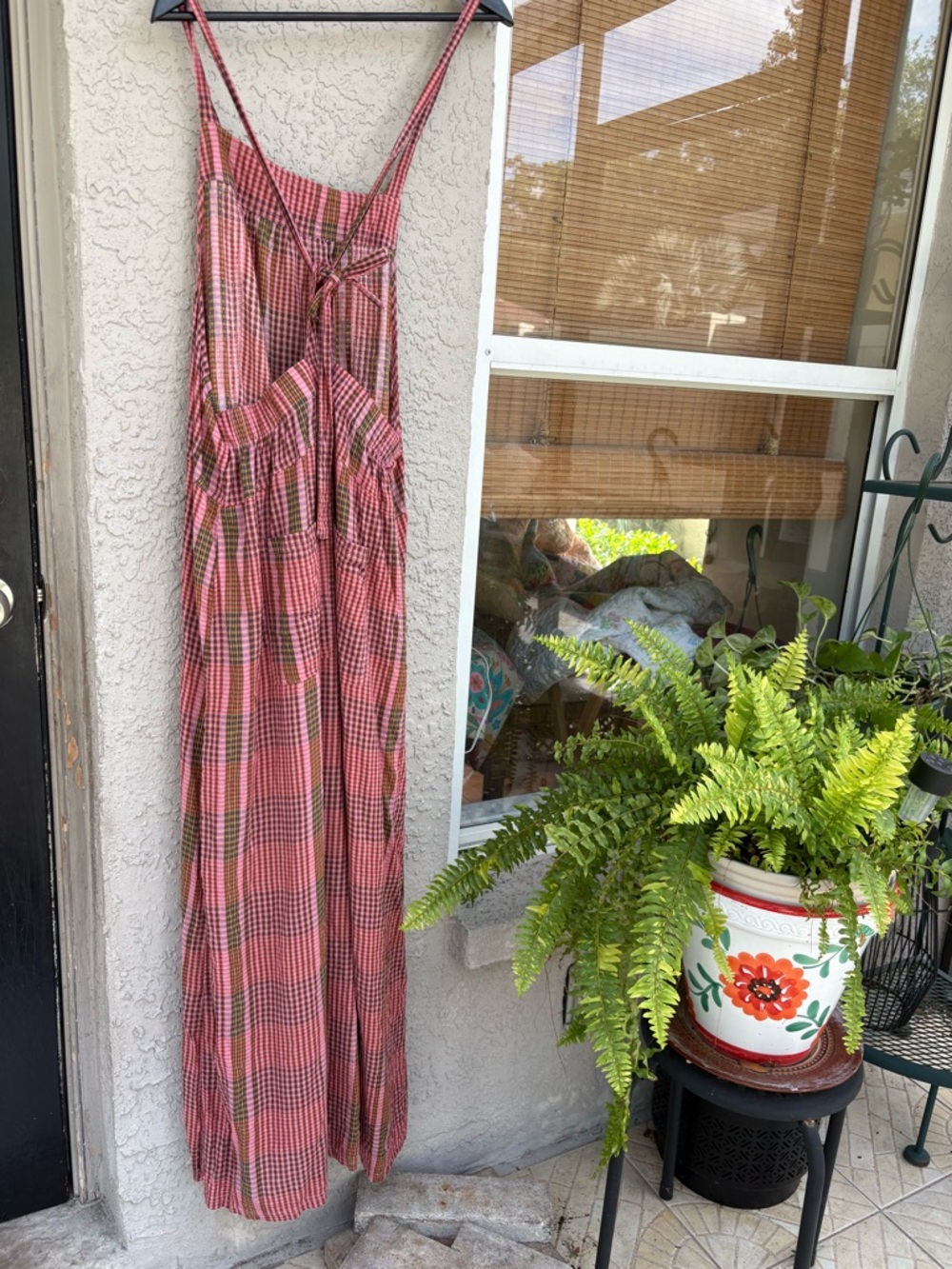 NATURAL LIFE Pink and Olive Plaid Strap Jumpsuit Romper